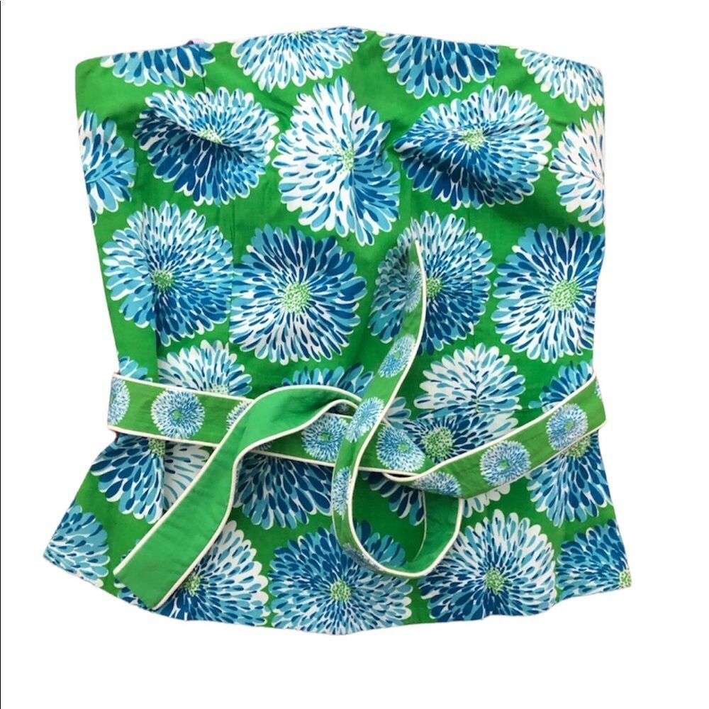 Colorful Lilly Pulitzer Style strapless palm beach resort top green with tie